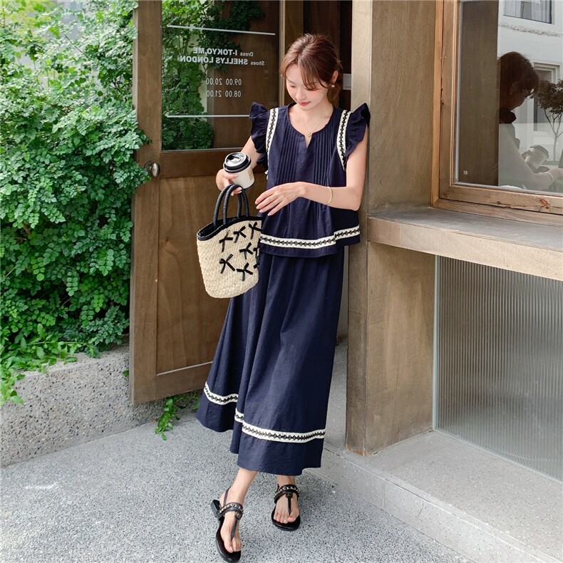 藏青色小飞袖上衣套装裙女2025年夏季新款气质高级感半身裙两件套,女装套装/套裙,2C206