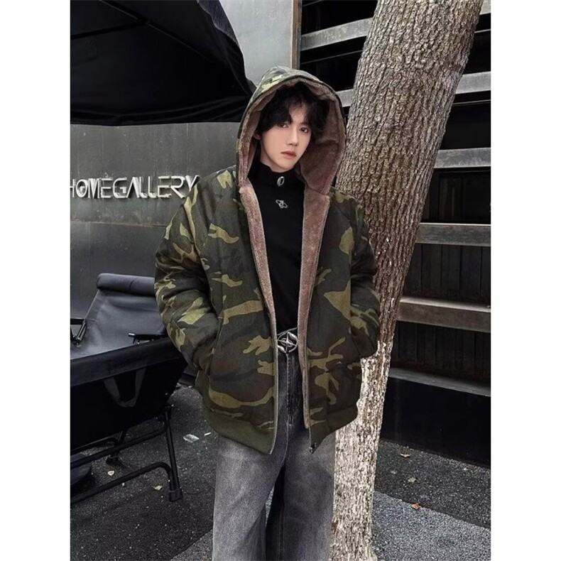 美式复古格纹迷彩连帽棉服男女秋冬季潮加绒工装外套,男装棉衣,四季星座505