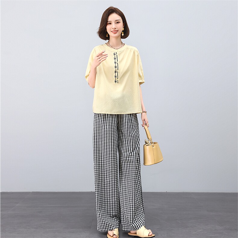 叶笙衣套装2538-133宽松刺绣T恤格子裤套装,女装套装/套裙,叶笙衣