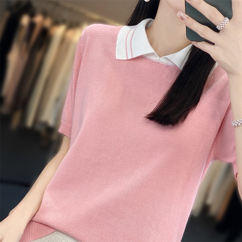 棉麻针织短袖t恤女2025新款Polo翻领休闲高端纯棉薄上衣漂亮小衫,针织衫/毛衣,郡淞羊绒
