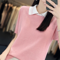 棉麻针织短袖t恤女2025新款Polo翻领休闲高端纯棉薄上衣漂亮小衫，女装针织衫/毛衣，郡淞羊绒