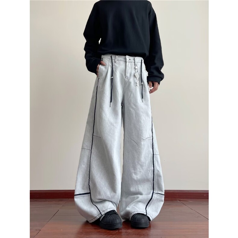宽松阔腿裤显瘦坠感休闲卫裤百搭运动拖地裤牛仔裤7877P64，男装休闲裤，星座410-2