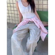 牛仔裤女宽松直筒裤子春夏新款设计感涂鸦印花长裤设计感拖地裤薄，男装牛仔裤，星座1210-1