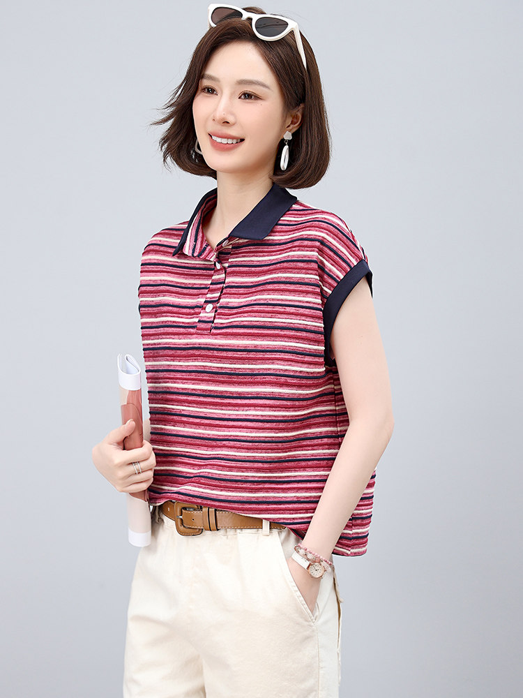 小个子条纹翻领T恤女夏季韩版休闲宽松年轻款妈妈薄款小衫上衣潮,女装T恤,江忆布依