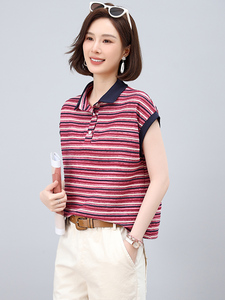小个子条纹翻领T恤女夏季韩版休闲宽松年轻款妈妈薄款小衫上衣潮图片