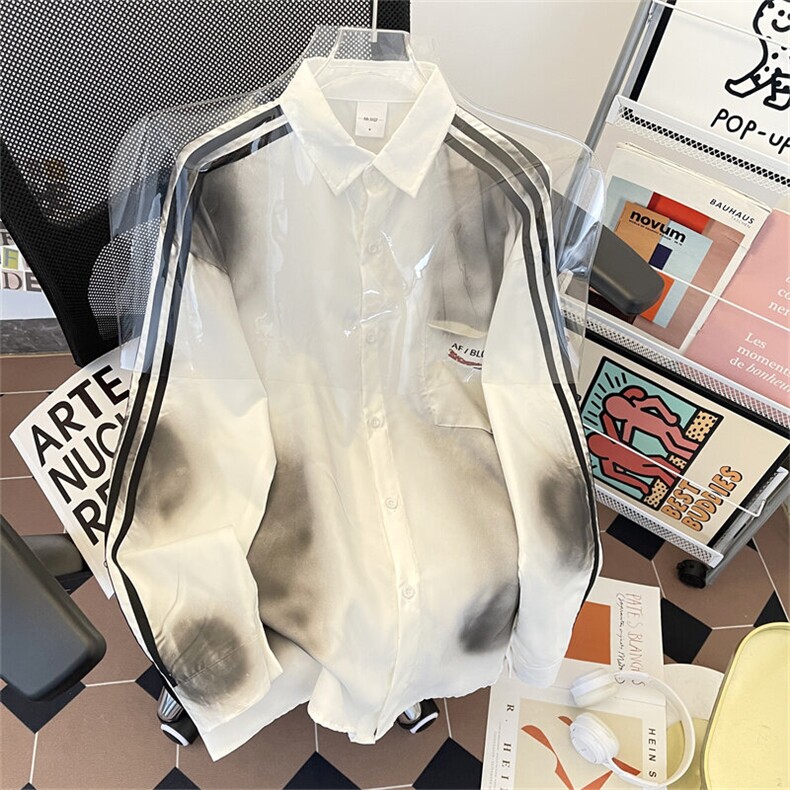 2025春季新款美式脏染设计感条纹宽松衬衫复古潮流现货W8561-P40,男装衬衫,星座512-4