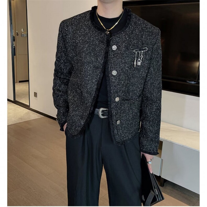 小香风毛绒西装外套男秋冬季高级感韩版潮流宽松加厚短款夹克上衣,男装夹克,星座506A