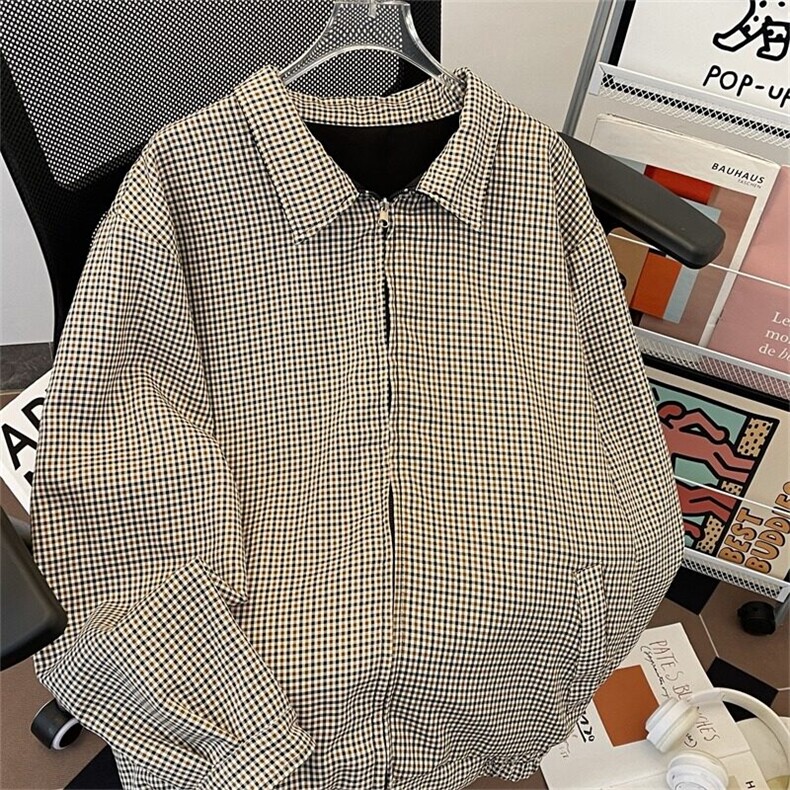 W9173-P75自家图现货春季新款美式千鸟格双面穿宽松立领外套夹克,男装夹克,星座1608-2