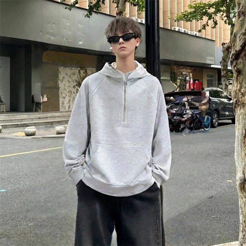抖音得物二开美式重磅宽松结构拉链设计防风高领连帽卫衣外套W76,男装卫衣,电商A486