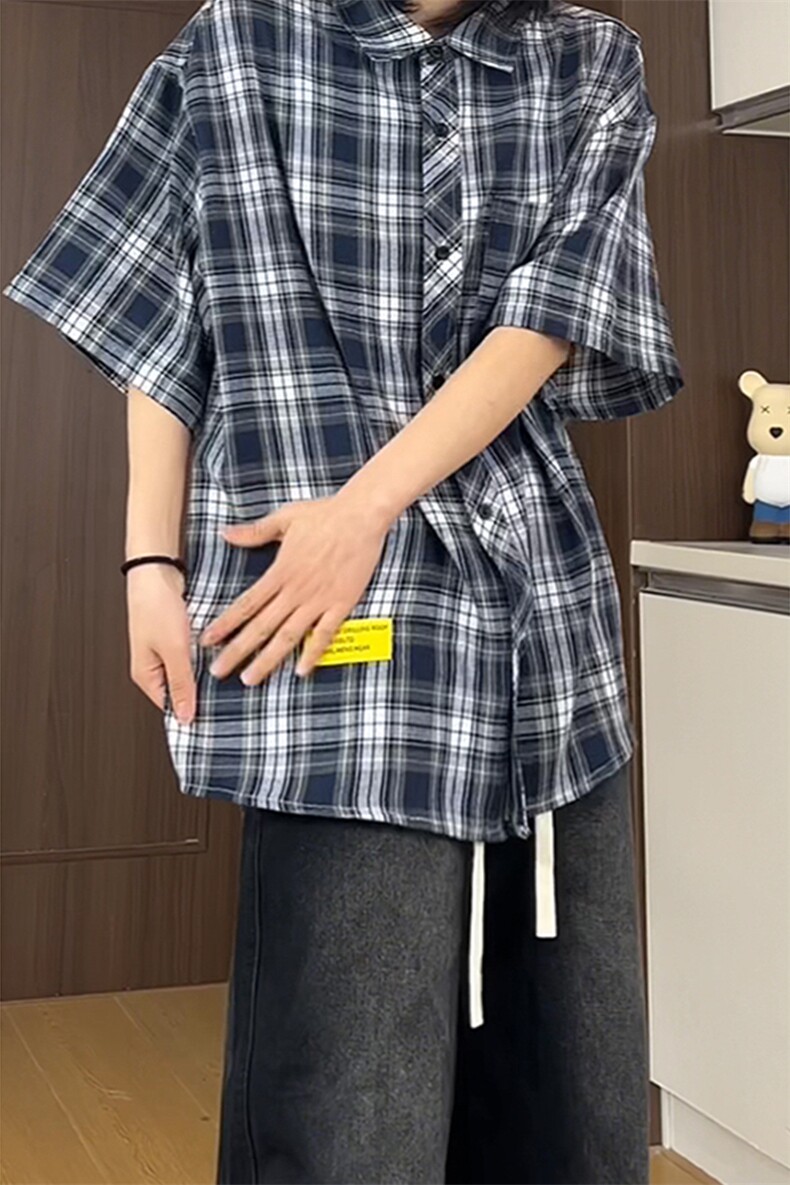 潮流复古格子大码原创贴标休闲男百搭短袖衬衫C2175-P27【特价】Z,男装T恤,电商A007