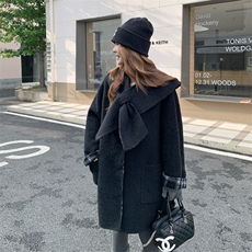 现货新款双面韩系格子披肩围巾双面羊绒大衣中长宽减龄羊毛呢外套，女装双面呢大衣，网红馆