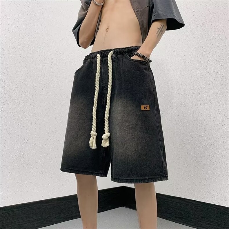 水洗男设计感麻绳短裤牛仔裤N5533P40,男装牛仔裤,星座1116-2