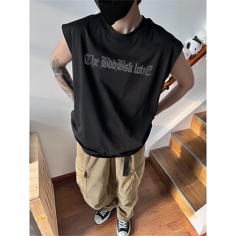 抖音得物供货现货重磅纯棉美式休闲印花宽松无袖背心潮牌t恤ABX03,男装背心/马甲,电商A443