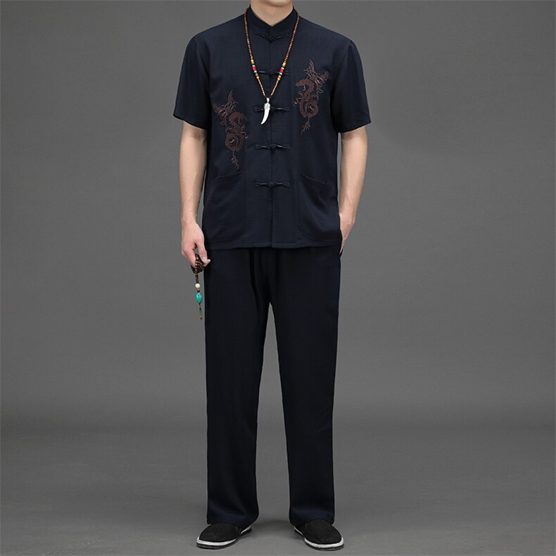 CS2022夏季男士复古薄款短袖唐装休闲套装免烫中老年爸爸装P86，男装中老年男装，电商B360