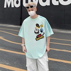 抖音得物品质二开240克宽松纯棉美式潮牌印花三条杠中性风短袖T恤，男装T恤，电商A486