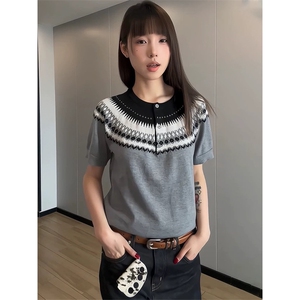 网图有货 夏季费尔岛亨利领针织衫短袖T恤男女老钱风上衣A637-P45图片