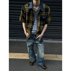 CS29-P45现货男女格子短袖衬衫外套休闲黄色格子衬衣，男装T恤，电商B327