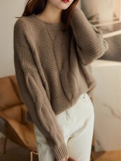 秋冬复古绞花圆领宽松羊毛衫女短款加厚套头软毛衣，女装羊毛衫，思途羊绒