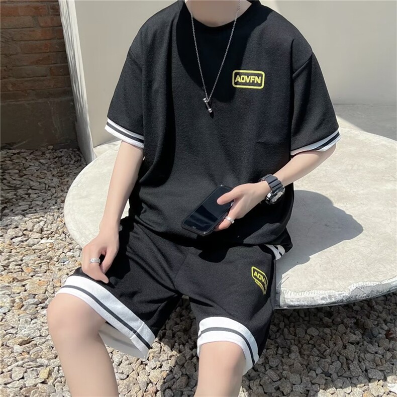夏季t恤套装两件套潮男一套衣服潮牌休闲运动短袖短裤T1361-P30,男装T恤,星座512-2