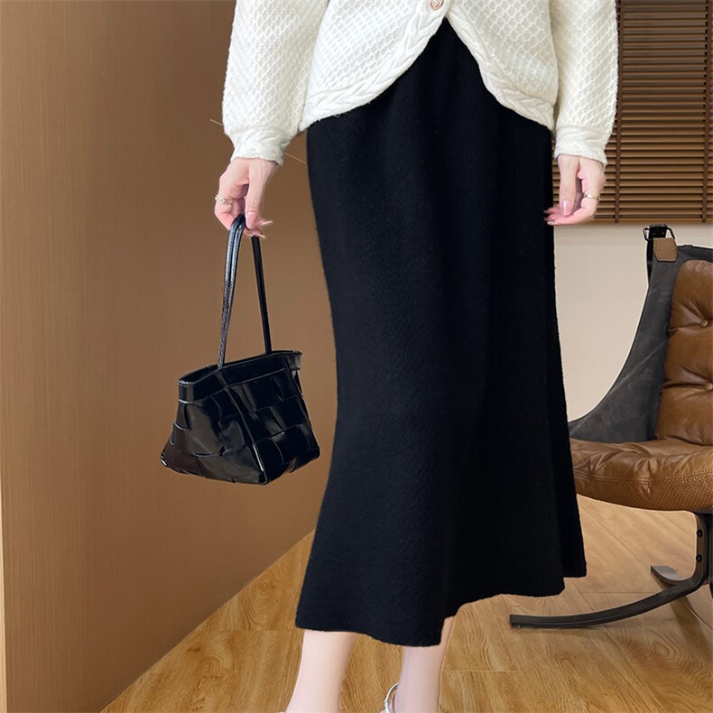 优雅气质黑色羊毛半身裙高腰显瘦A字裙百搭时尚长裙，女装半身裙，浩新羊绒