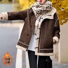 连帽羊羔毛外套女冬2024新款时尚休闲加绒加厚皮毛一体中长款棉服，女装皮衣，美拉德工厂直营店