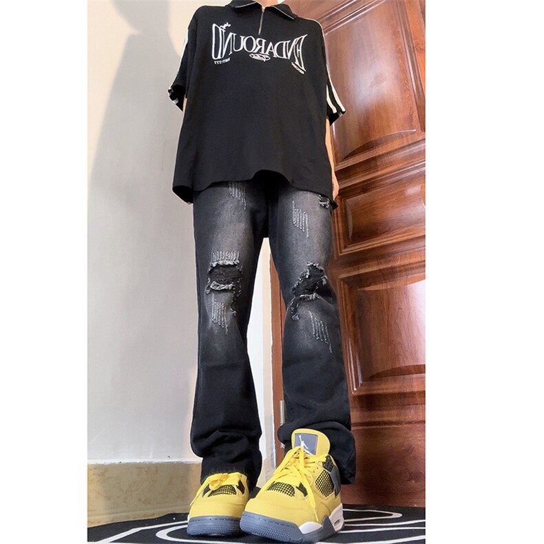B221美式ins高街暗黑小众修身小脚破洞牛仔裤LK23065-P60控78,男装牛仔裤,电商B221