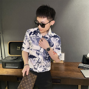 312A-119-P55 新款社会小伙中袖衬衫韩版潮流男士五分袖衬衣b图片