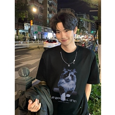 设计感小猫印花短袖T恤男款美式高街情侣半袖1015-T500-P50，男装T恤，四季星座1015