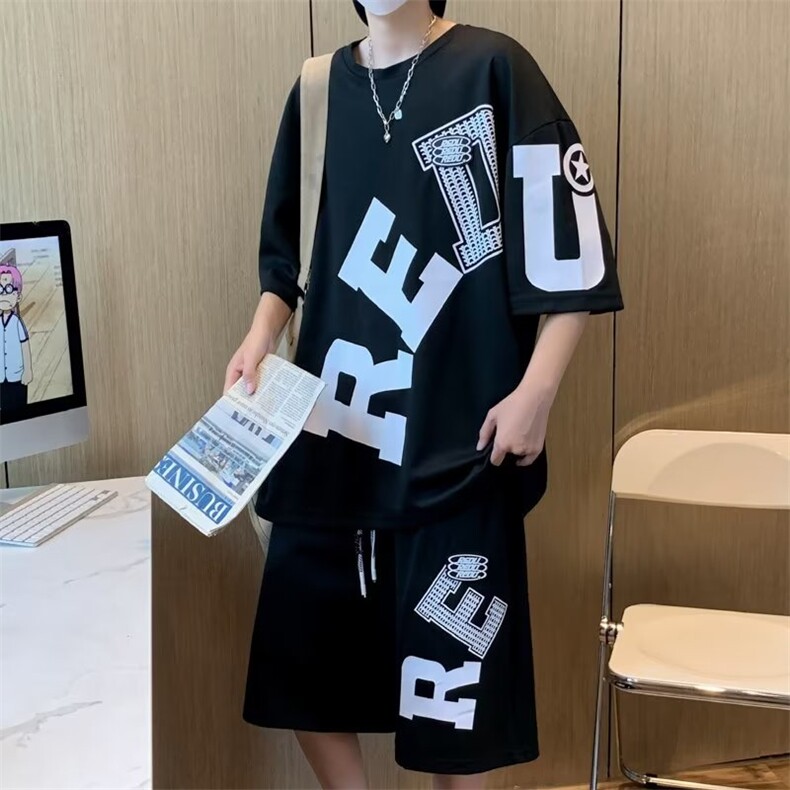 潮牌运动套装男夏季个性休闲时尚休闲帅气宽松短袖T恤短裤两件套,男装T恤,星座1013