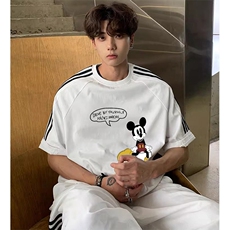 抖音得物高品质二开240克宽松纯棉美式潮牌三条杠织带短袖T恤，男装T恤，电商A486-1