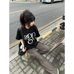 T0752-P25 美式休闲纯棉黑色短袖 24新款春夏情侣款上衣百搭图片