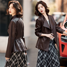 BAO款欧版气质大翻领显瘦超柔蛋白皮设计感系带短款PU皮风衣外套，女装皮衣，潮流依族