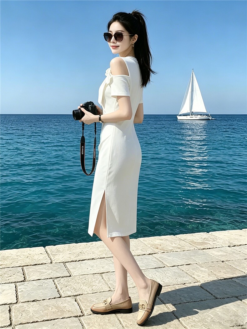时尚高端气质修身显瘦开叉连衣裙女夏季新款露肩蝴蝶结中长款裙子,女装连衣裙,江南