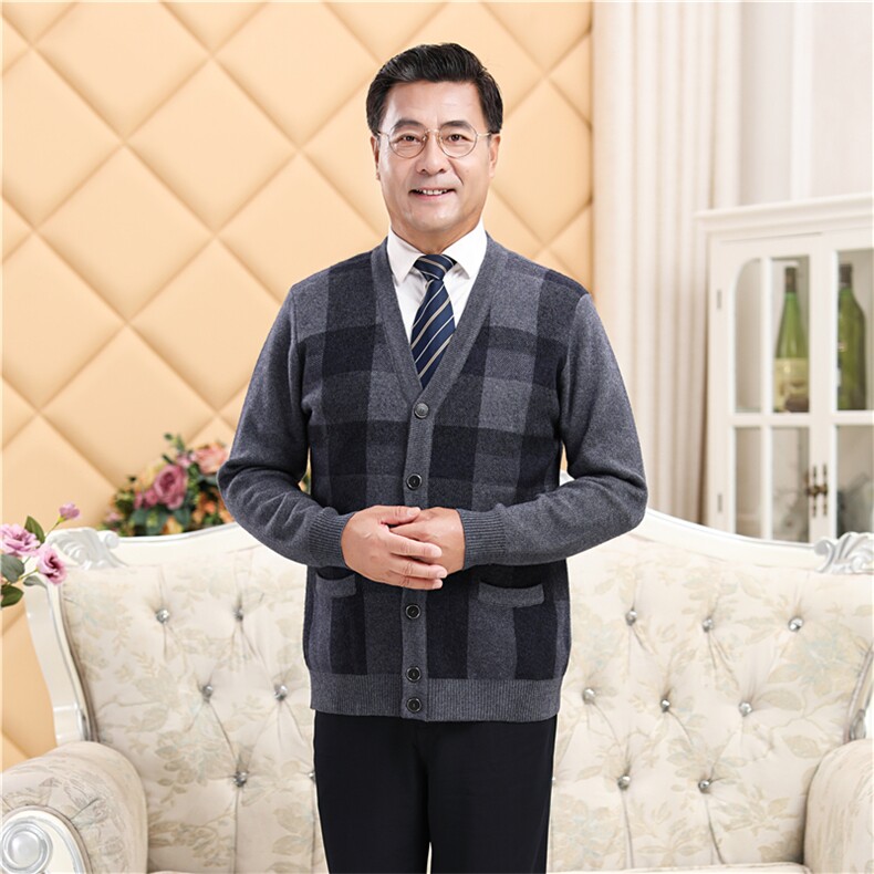 秋冬季保暖时尚休闲高弹透气大码格子百搭开衫男装，男装中老年男装，伊格尔