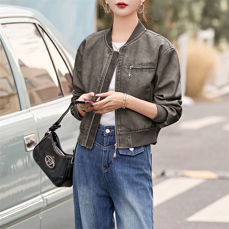 现货时髦做旧复古PU皮衣夹克外套女小个子2024新款短款立领机车服,女装皮衣,江南女神