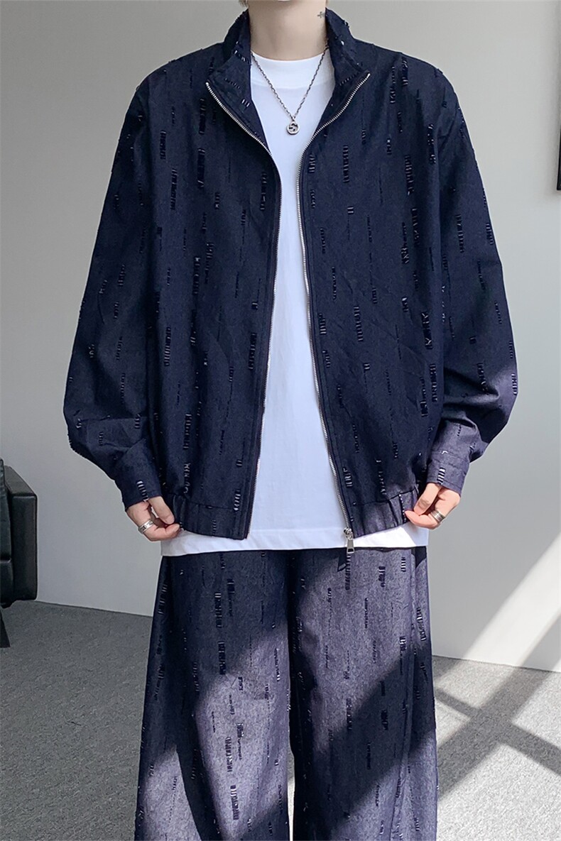 春秋男士韩系设计款牛仔割洞提花重工水洗长袖外套上衣P78,男装工装外套,电商B319