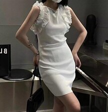 无袖冰丝连衣裙袖口木耳边设计，女装连衣裙，ZIA