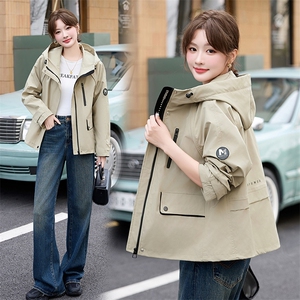 红短款风衣外套女2025春秋新款宽松休闲连帽工装冲锋衣夹克图片