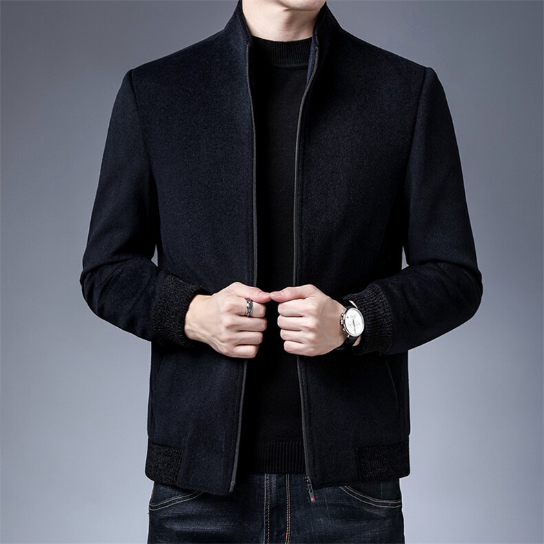 冬季新款立领加厚保暖男装上衣中年男士商务休闲毛呢外套爸爸装图片