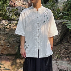 25现货棉麻立领中袖衬衫竹叶刺绣上衣A021-MT2308-P65控89，男装衬衫，电商A021