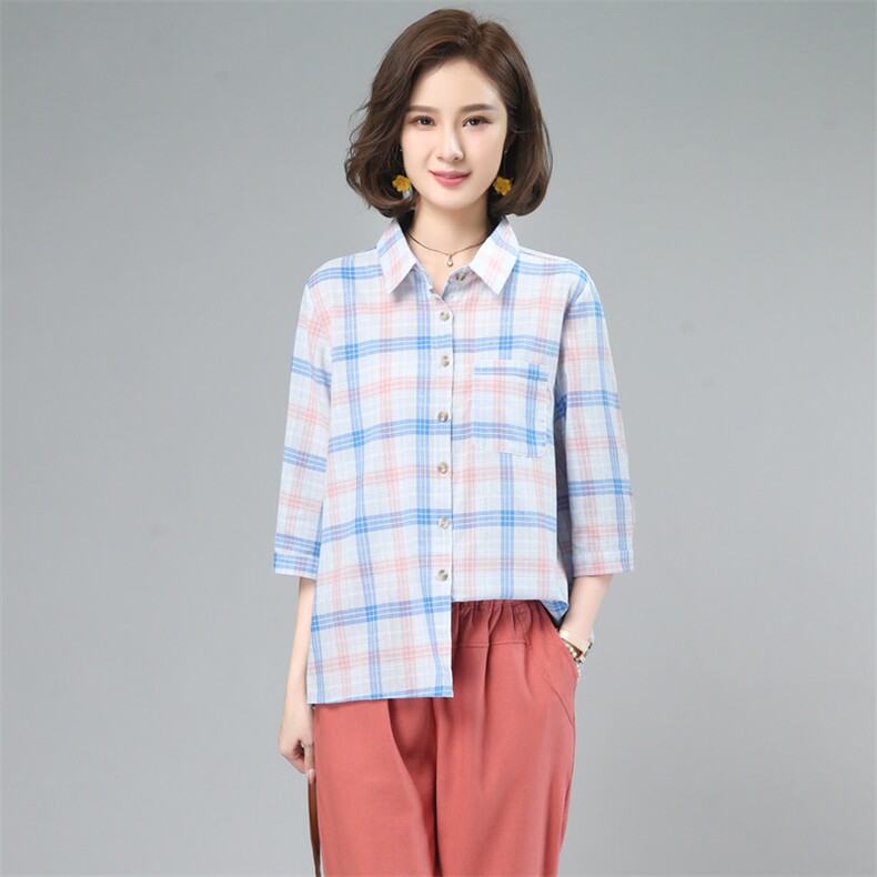 纯棉格子衬衣女款2025新款爆款春秋中老年女士衬衫长袖上衣，女装衬衫，奕阳依阁
