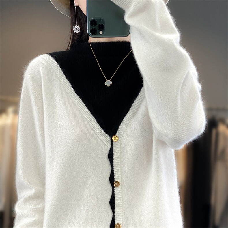 23秋冬新款100开衫女V领拼色花边宽松外套毛衣羊毛针织上衣,女装羊毛衫,朝辰羊绒