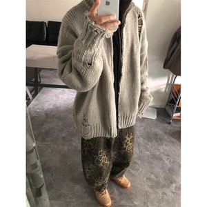 潮牌慵懒BF风破洞开衫毛衣男女高级感流苏拉链针织上衣LM2255-P57图片