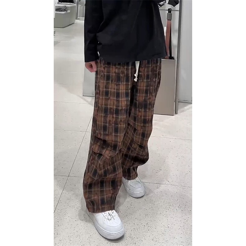 宽松直筒垂感休闲街头百搭裤随性格纹抽绳阔腿裤K640TP38,男装休闲裤,电商A102B