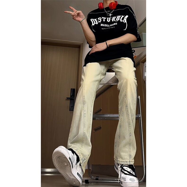 B221美式ins高街暗黑小众拼接修身牛仔裤LK24157-P60控78,男装牛仔裤,电商B221