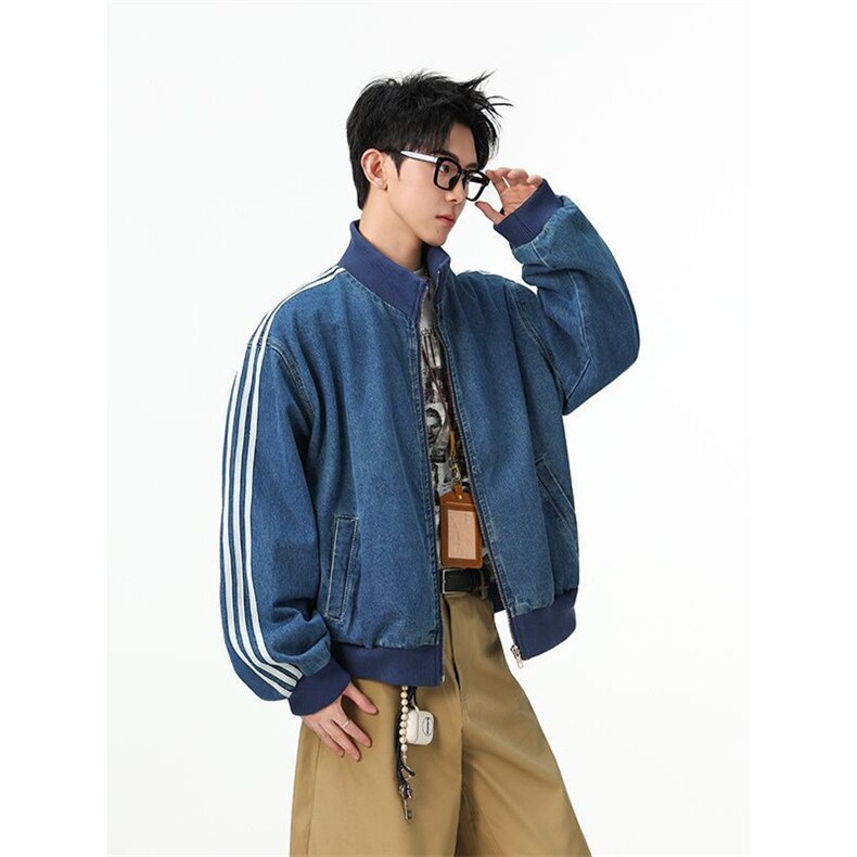 1506/Q10960/P100美式复古蓝色牛仔棒球拉链设计三条杠开衫上衣,男装卫衣,星座1506