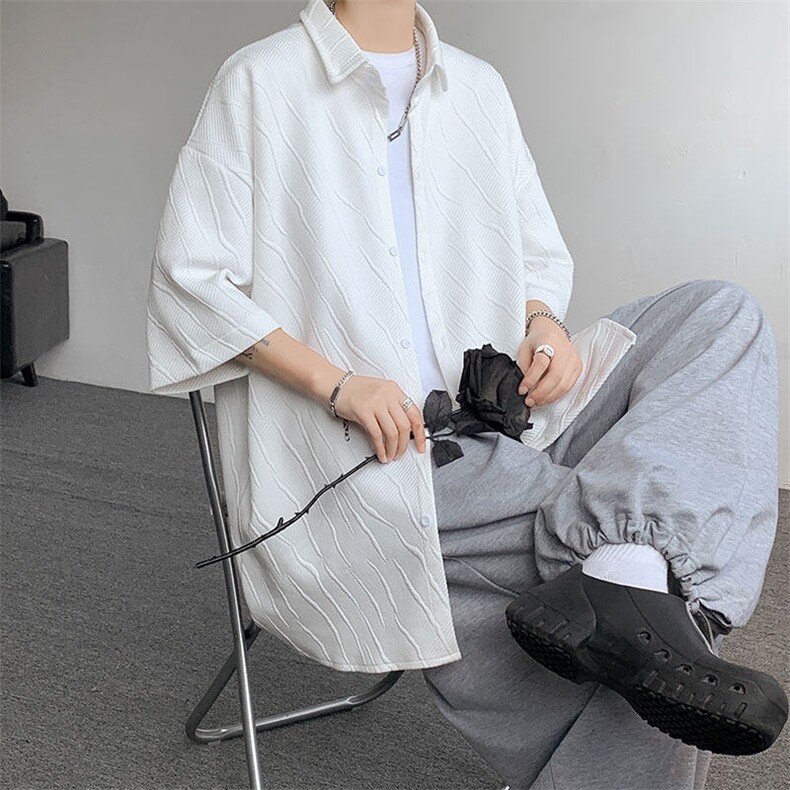 短袖衬衫男士夏季新款港风宽松提花衬衣CS369-P35图片