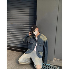 怀旧蓝渐变大口袋立领牛仔外套男复古宽松拉链夹克上衣潮JK01-P75，男装工装外套，星座1001-1