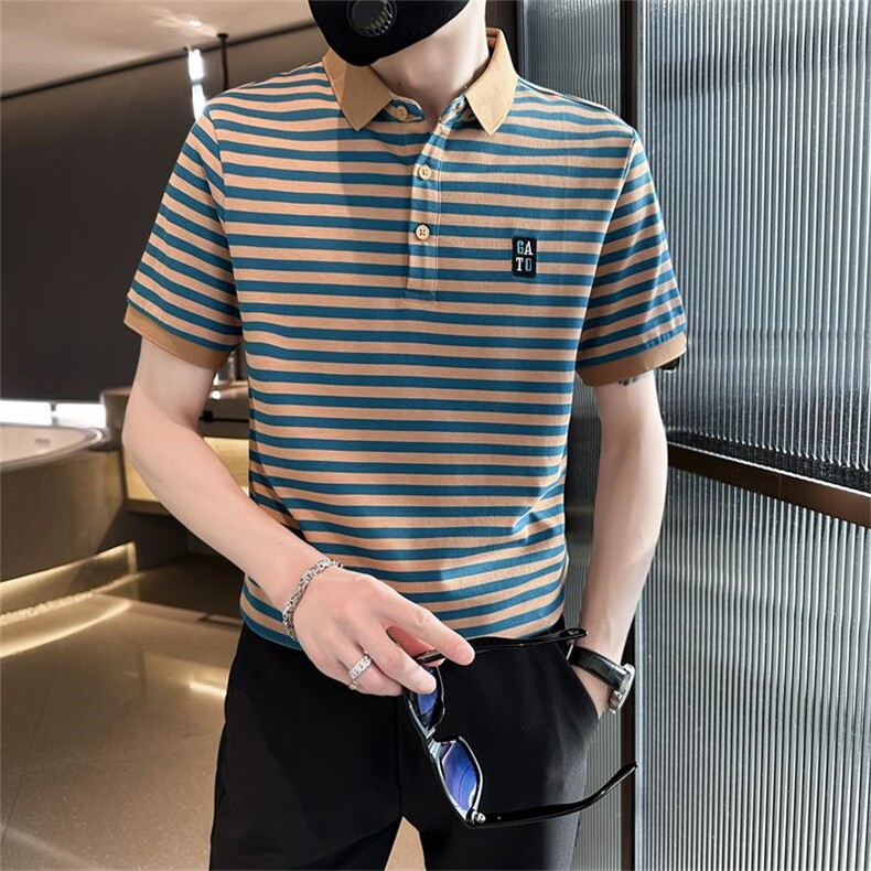 经典款高级感轻奢夏季短袖T恤翻领条纹Polo衫半袖T0253-P58,男装T恤,电商D342