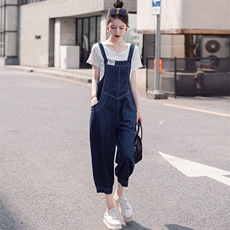Lusam阔腿牛仔吊带裤女2025夏季新款韩版宽松小个子背带裤两件套，女装套装/套裙，慧尚依恋